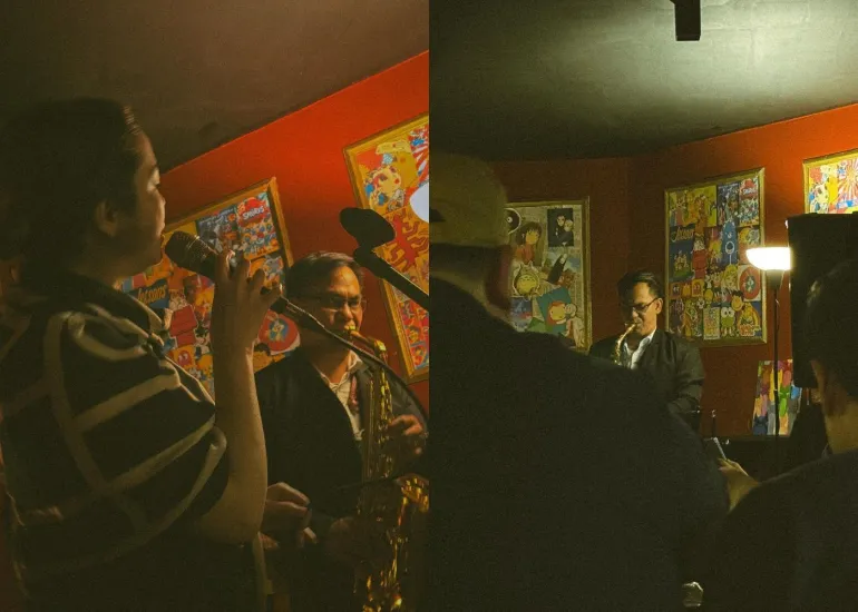Live jazz performance with saxophone and vocals against pop culture artwork walls